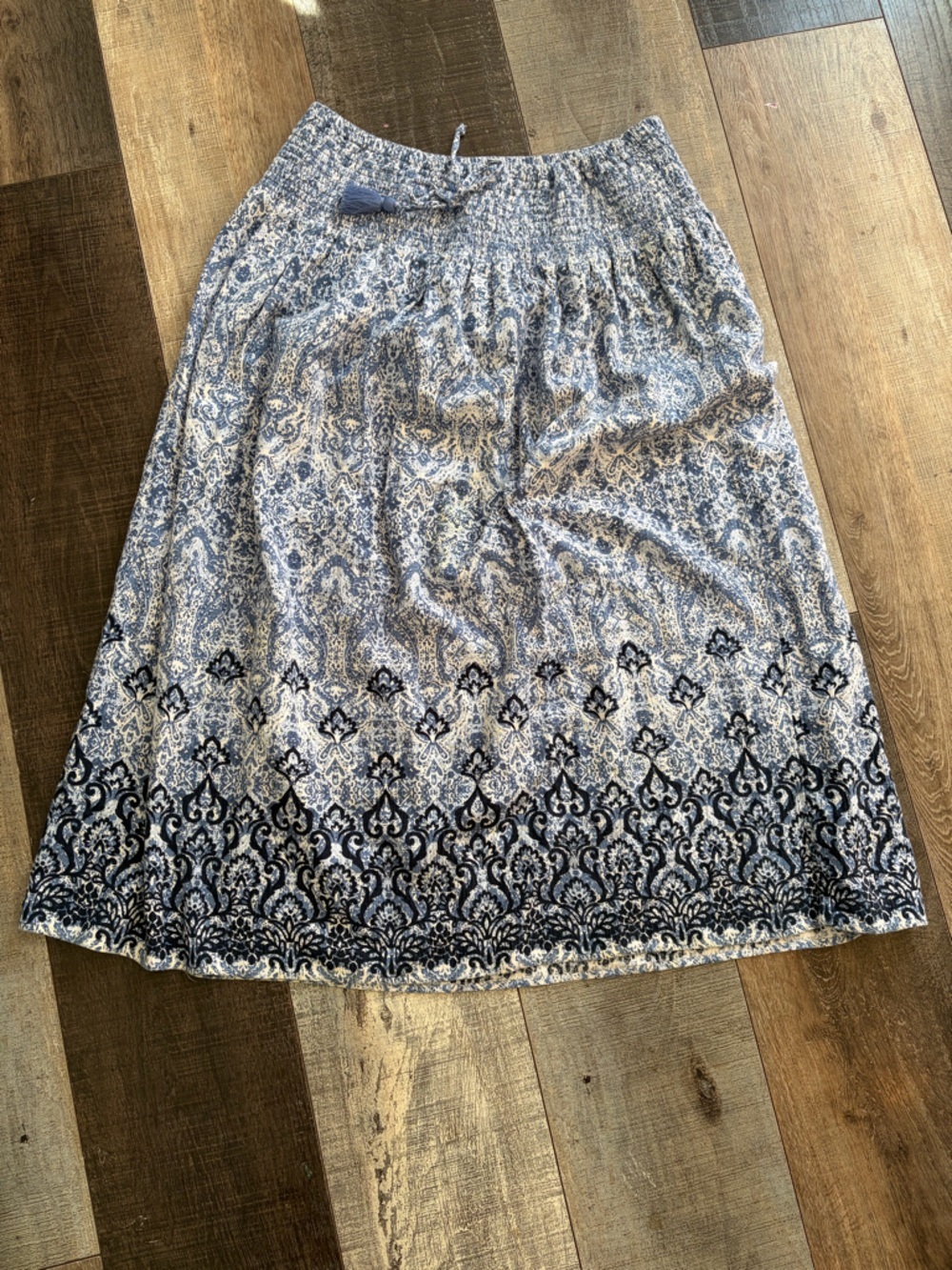 J Jill Boho Midi Skirt Smocked Waist Tassel Paisley Blue Small